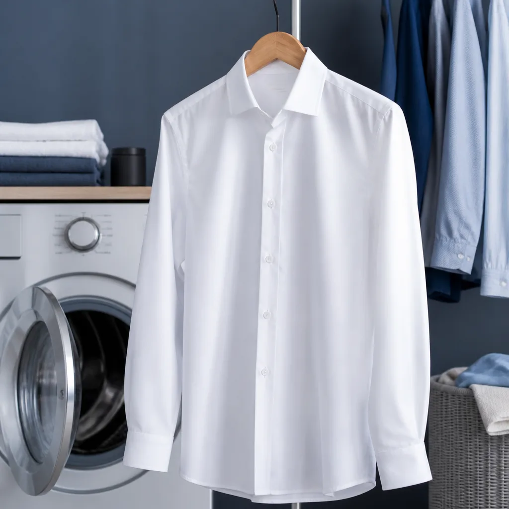 wrinkle-free dress shirt hanging on a wooden hanger straight from the washing machine, no creases