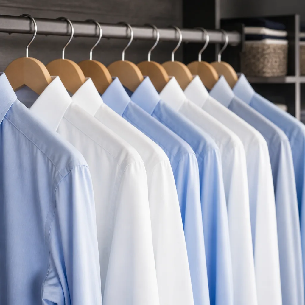 pale blue and white dress shirts hanging in a row on wooden hangers