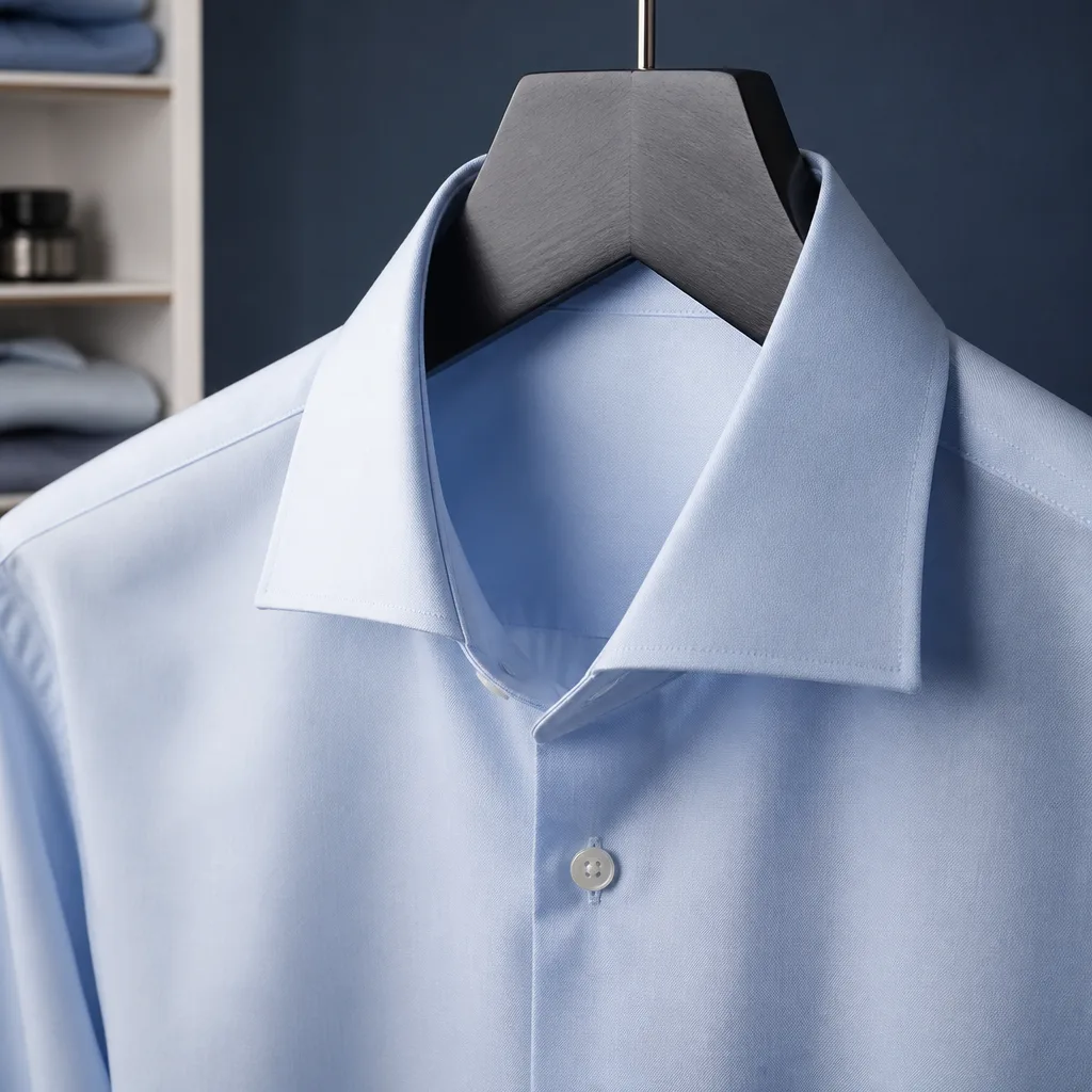 close-up of a spread collar dress shirt on a hanger