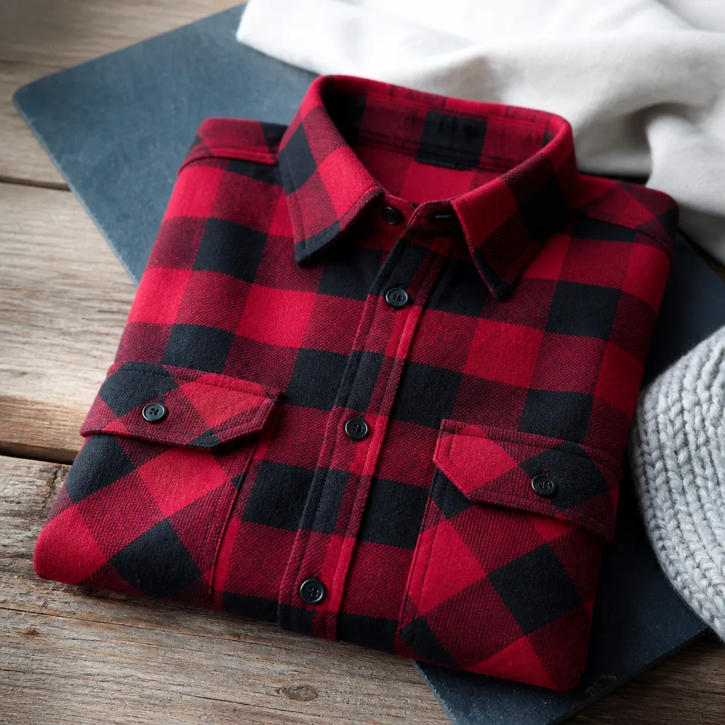 folded red and black checkered flannel shirt on a wooden table