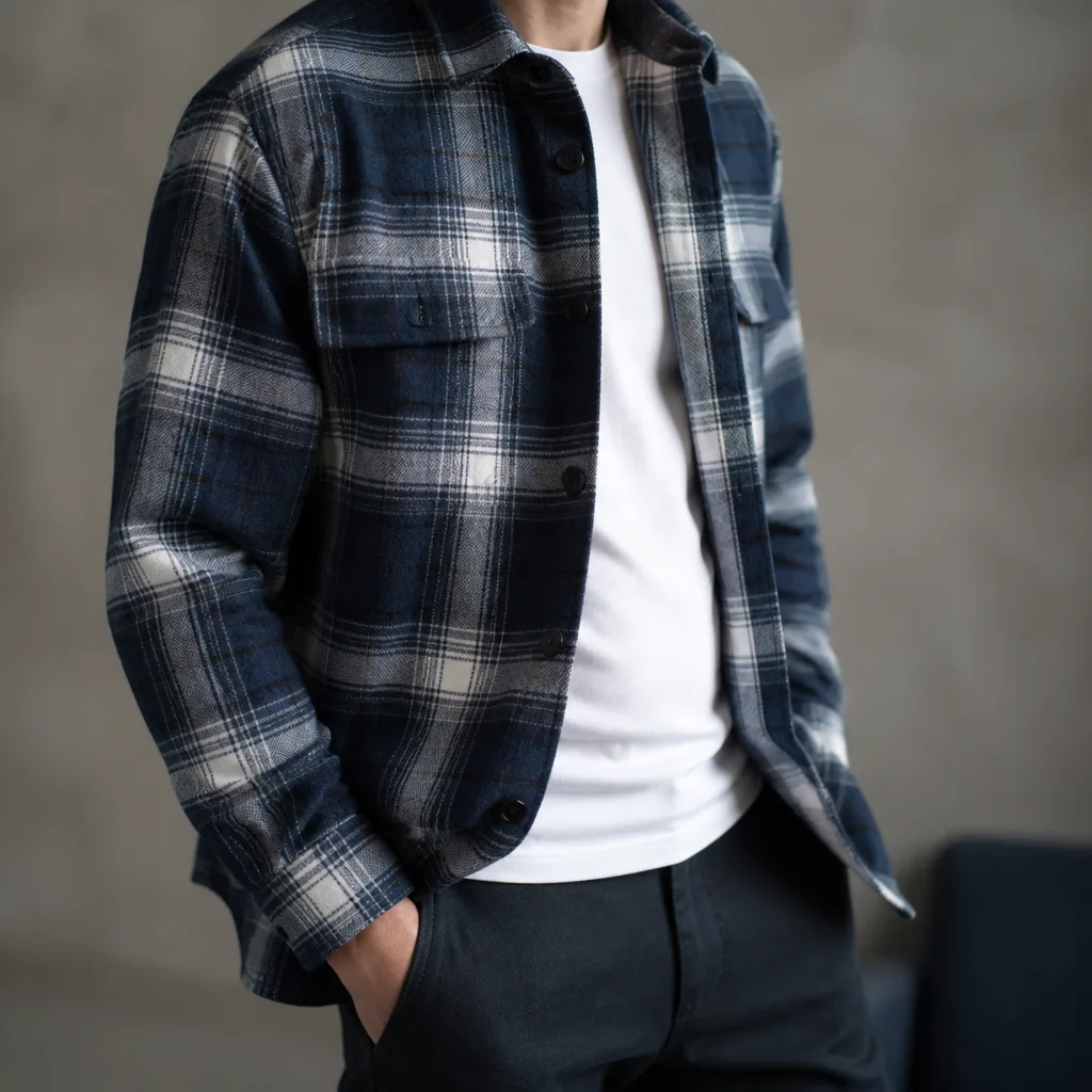loose fit checkered overshirt worn over a plain shirt, no face visible
