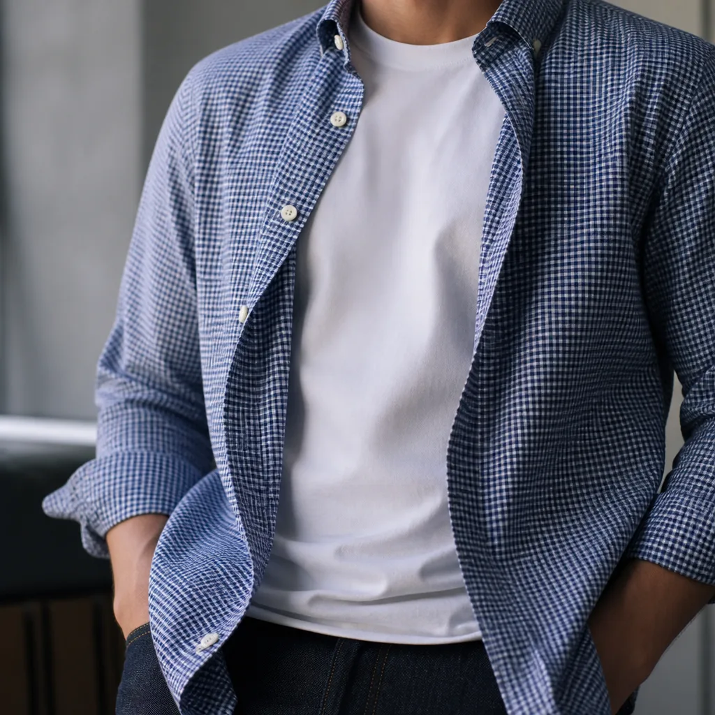checkered casual shirt worn open over a plain t-shirt, no face visible