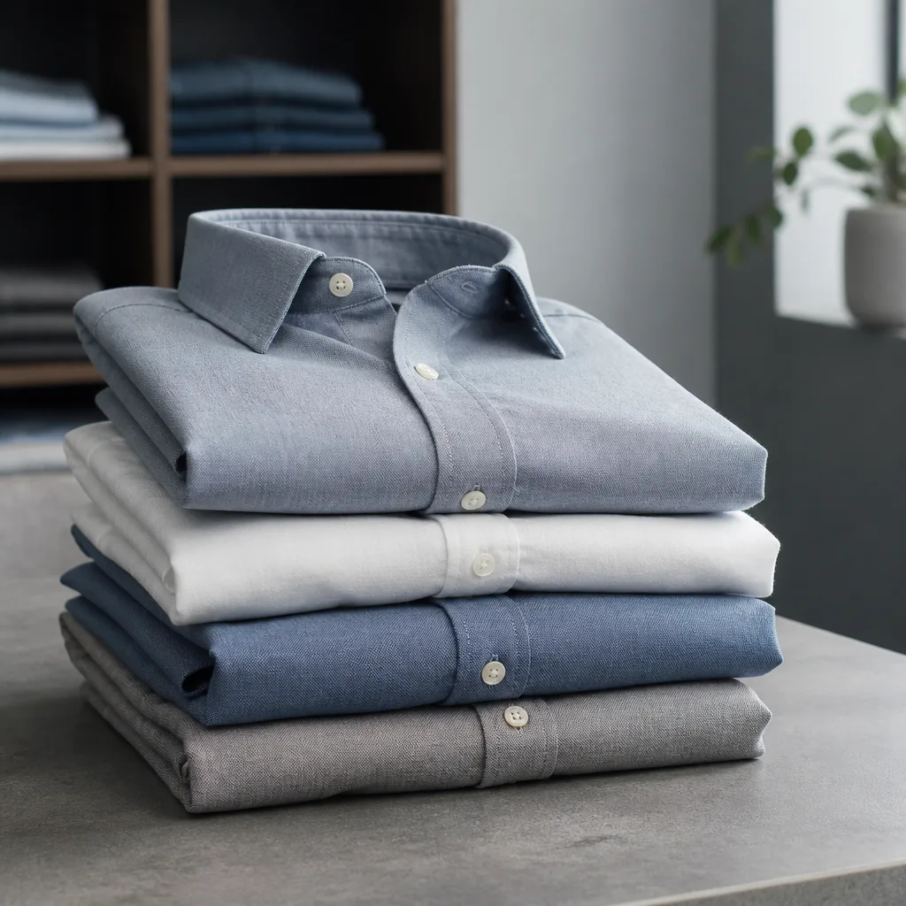 folded casual shirts of different colors stacked on a table