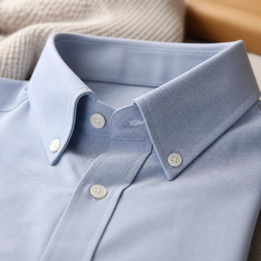 close-up of a button-down shirt collar with visible buttons