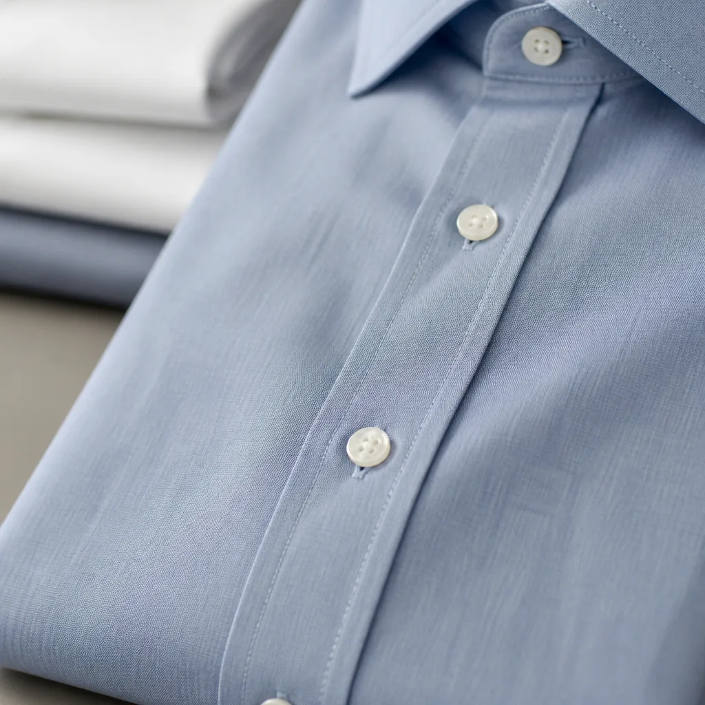 close-up of a shirt front placket with buttons, folded shirt, studio lighting