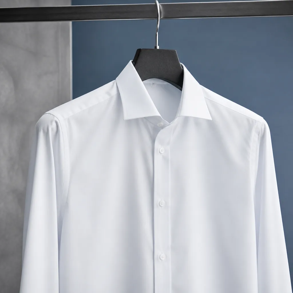 crisp wrinkle free dress shirt on a hanger, studio lighting, no logos or text