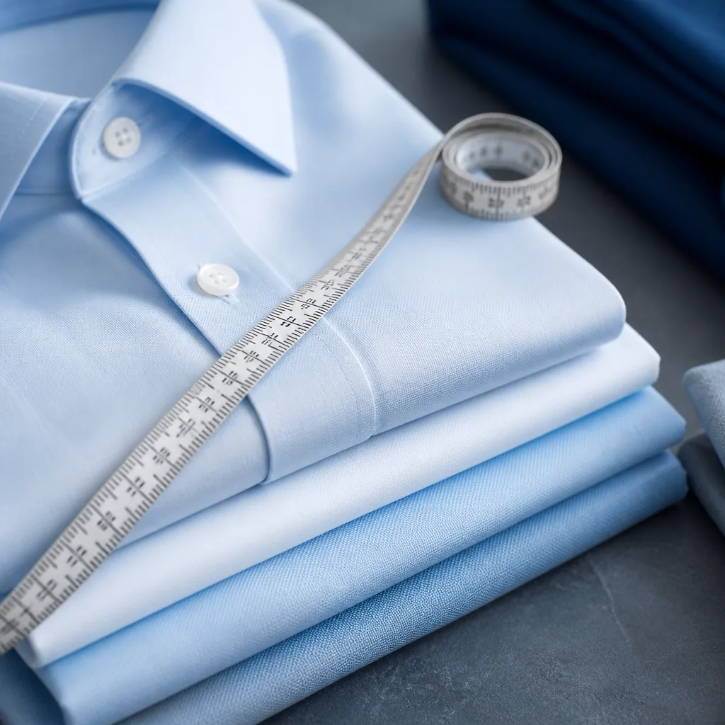 tailor measuring tape laid over folded dress shirt fabric, close-up, studio lighting