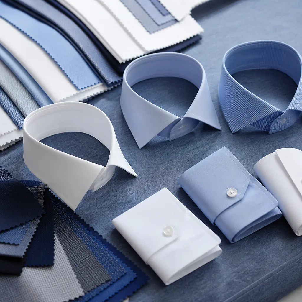fabric swatches and collar samples arranged for custom shirt selection, flat lay, studio lighting