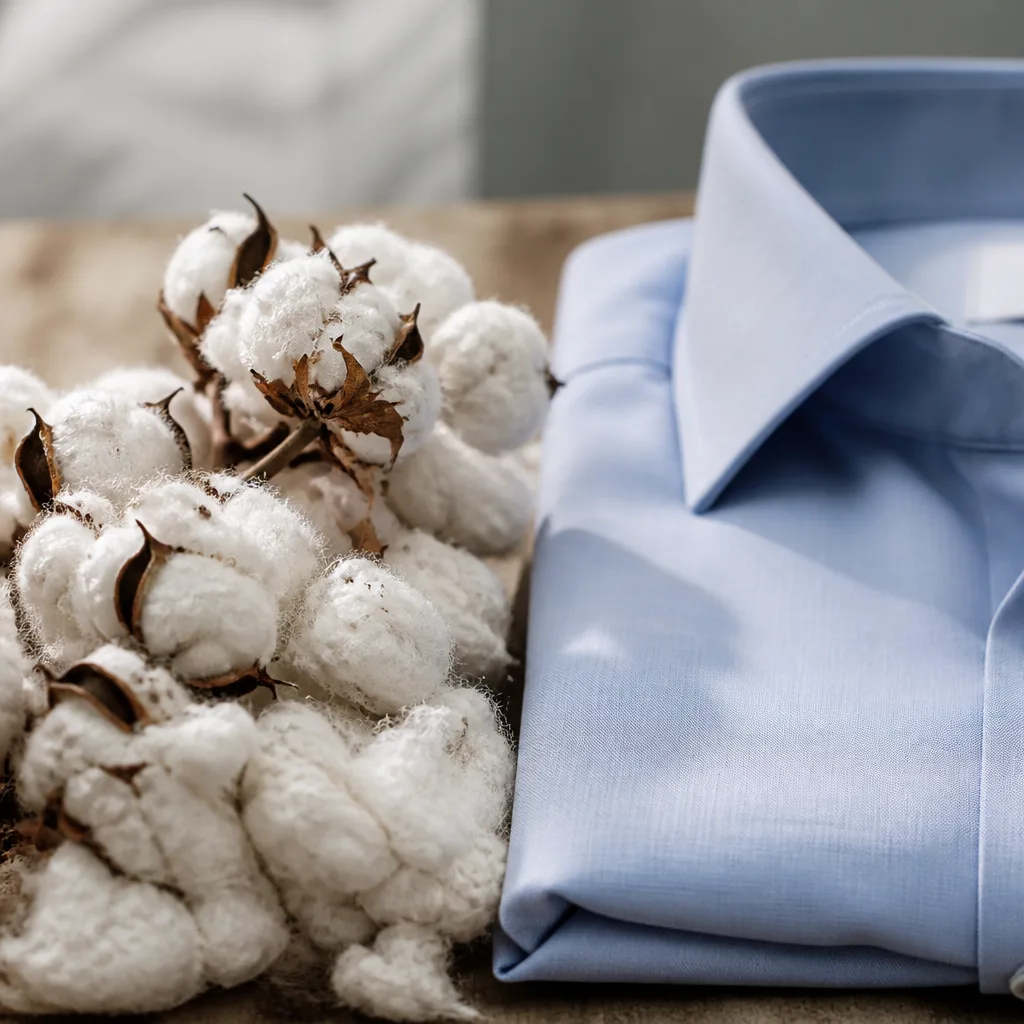close-up of raw cotton fibers next to a folded cotton dress shirt, natural daylight