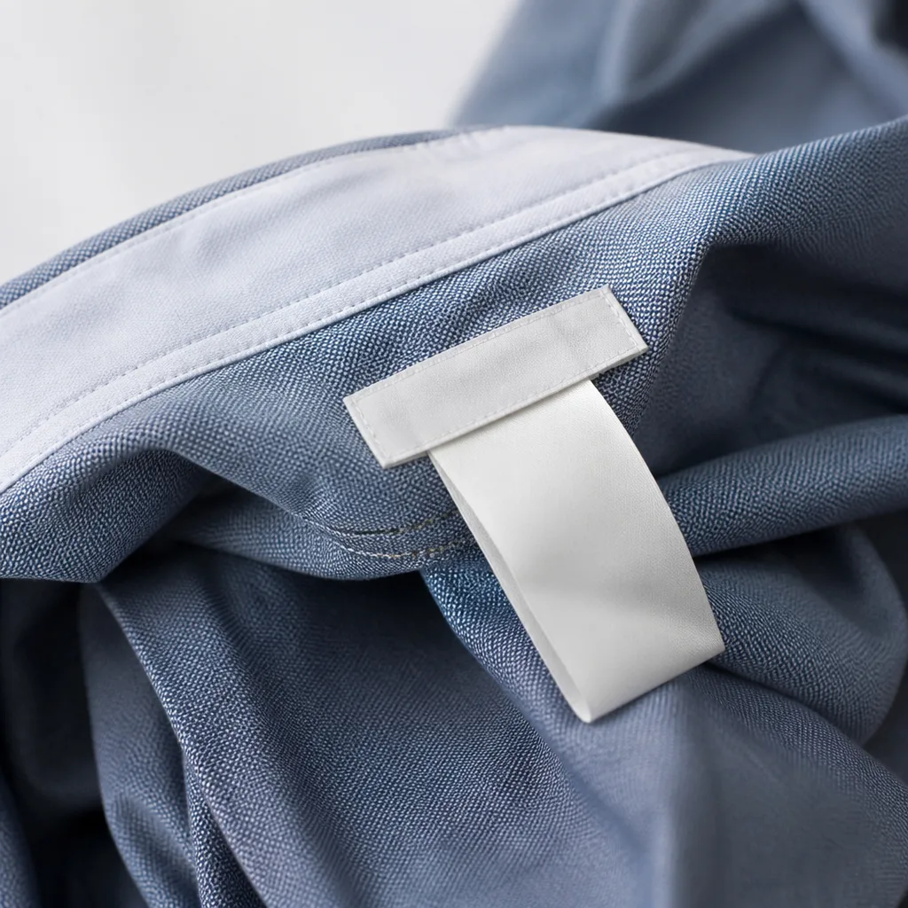 close-up of a fabric label and care tag on a folded shirt, studio lighting