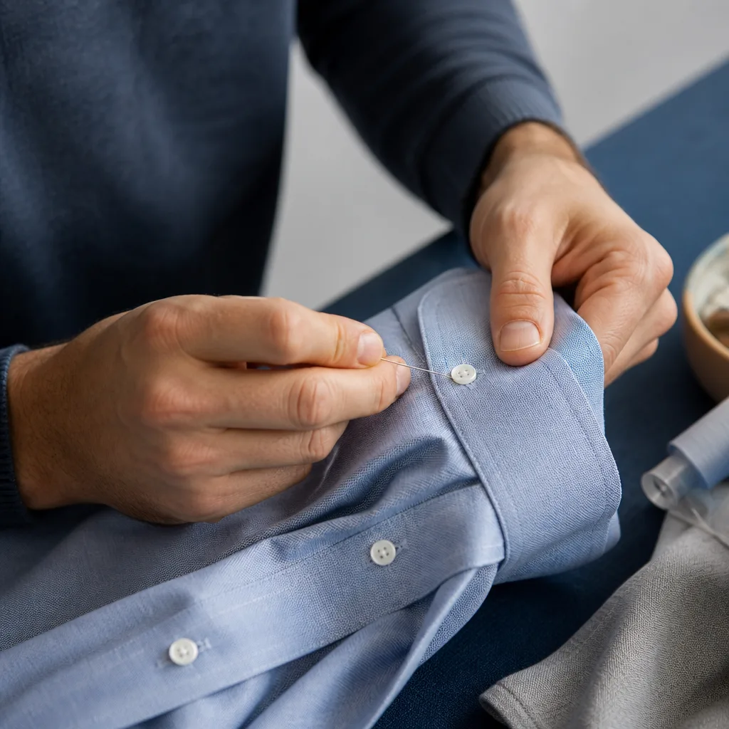 hands sewing a button onto a shirt cuff with needle and thread, close-up, no face