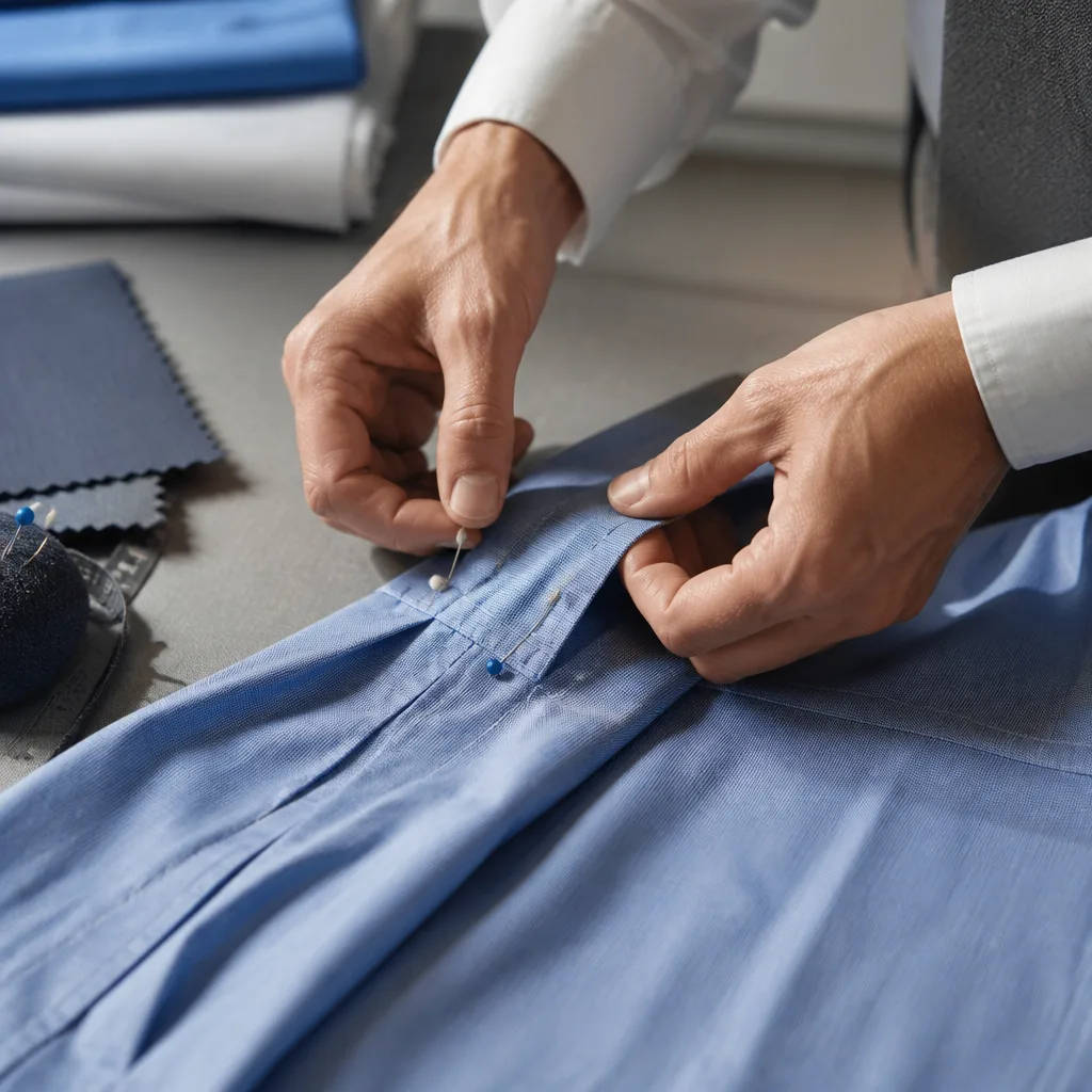 tailor pinning fabric on a shirt sleeve for alteration, close-up, no face, sewing studio