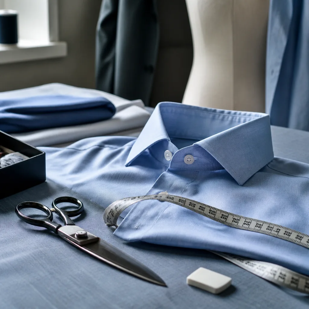 tailor workspace with shirt, scissors and measuring tape, studio lighting, no face