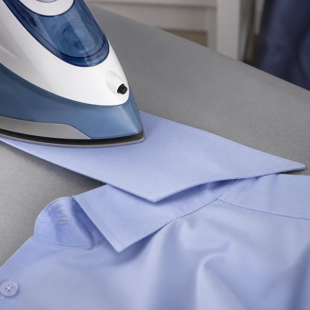 close-up of an iron pressing a shirt collar flat on an ironing board