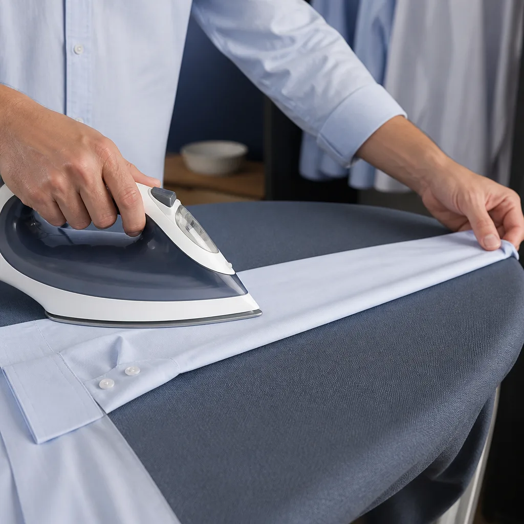 dress shirt sleeve laid flat on an ironing board being pressed with a steam iron
