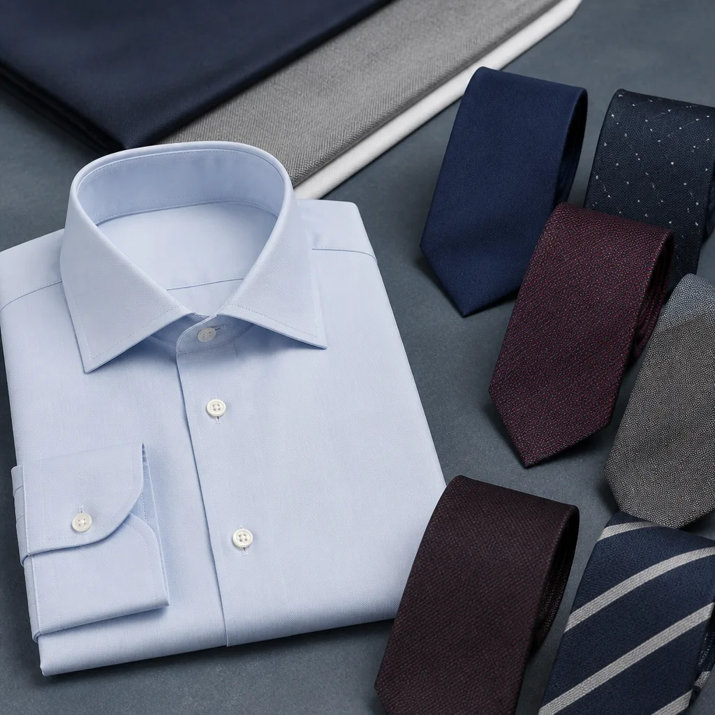 folded dress shirt and neckties in coordinating colors laid out on a table, flat lay, studio lighting