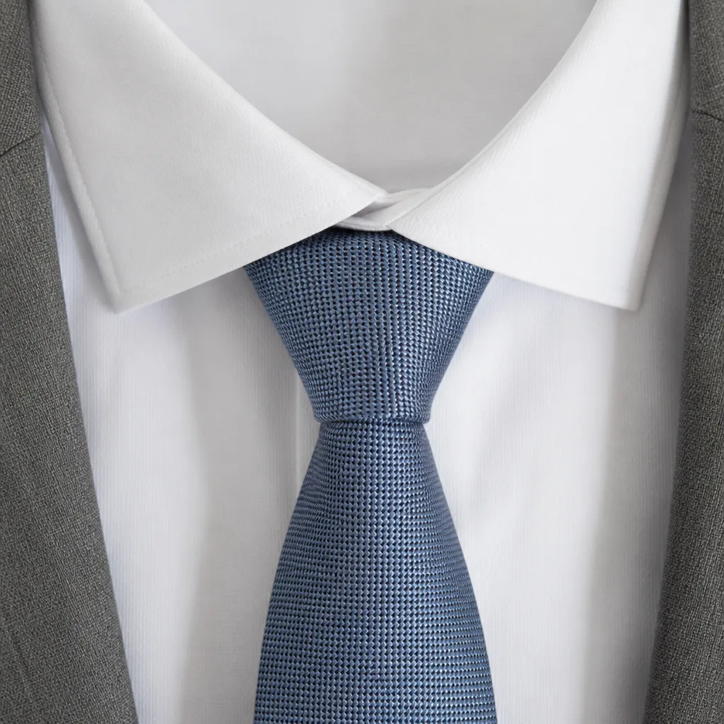 close-up of a shirt collar with a necktie tied in a medium four in hand knot
