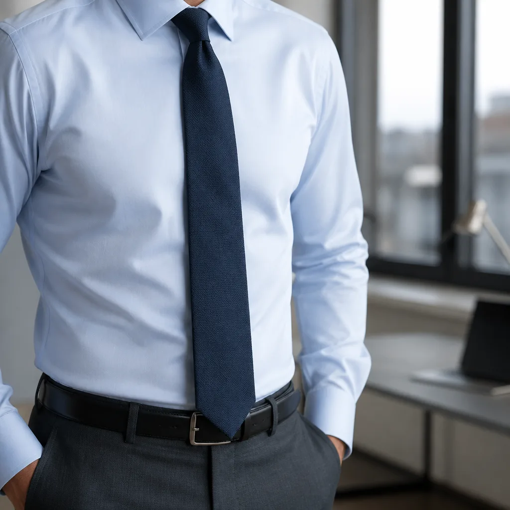 man wearing a business shirt and tie, torso only, no face visible, office setting