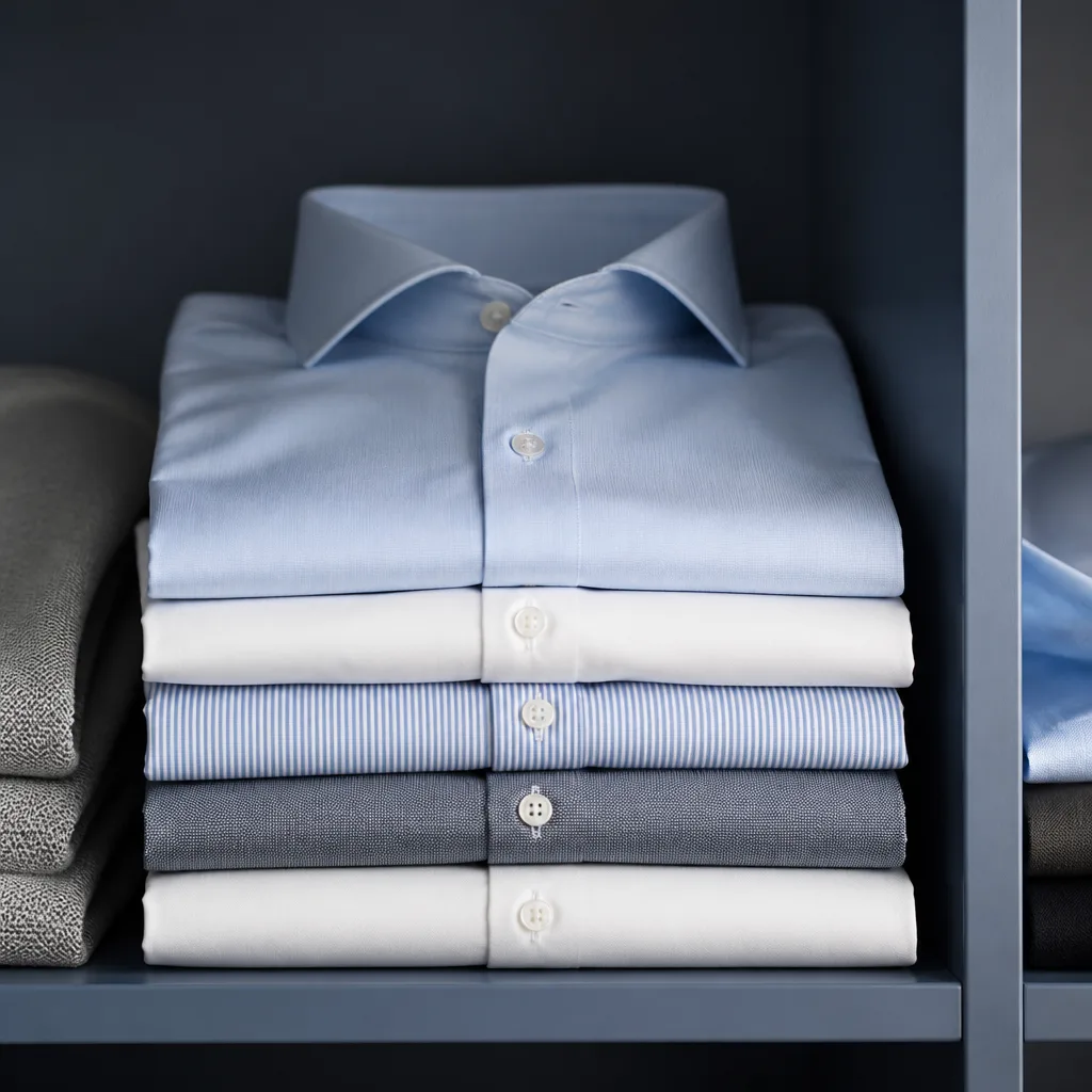 folded dress shirts stacked neatly on a shelf, front view, no faces