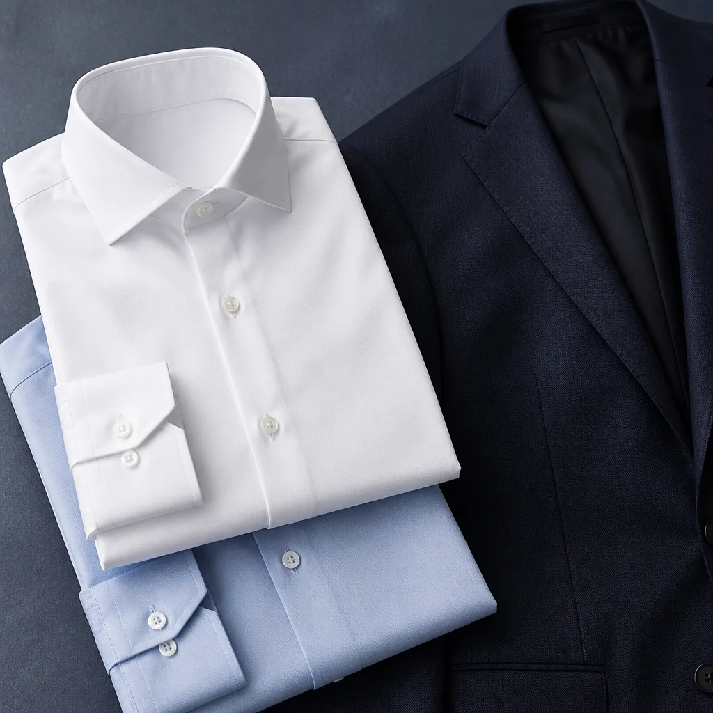 folded dress shirts in white and light blue next to a dark suit jacket, flat lay, studio lighting