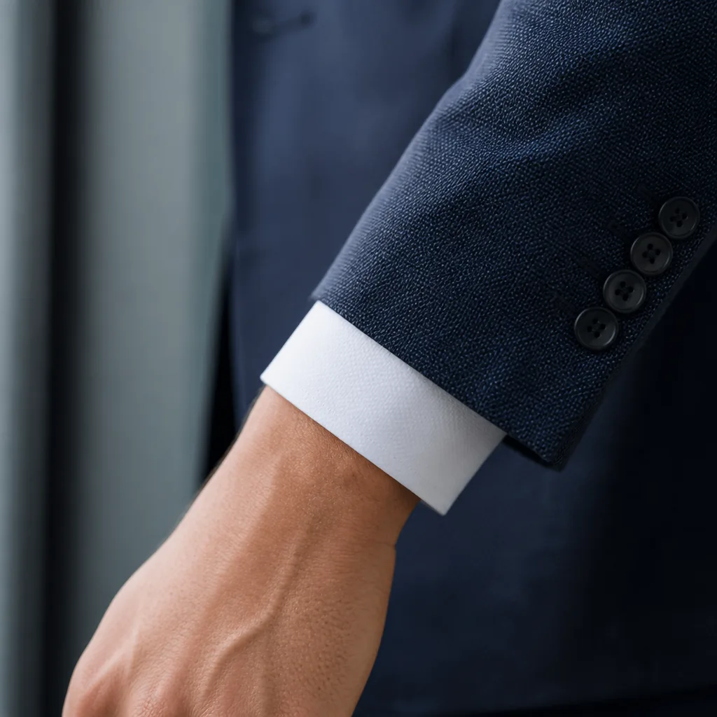 close-up of a shirt cuff peeking out from under a dark suit jacket sleeve, no face visible
