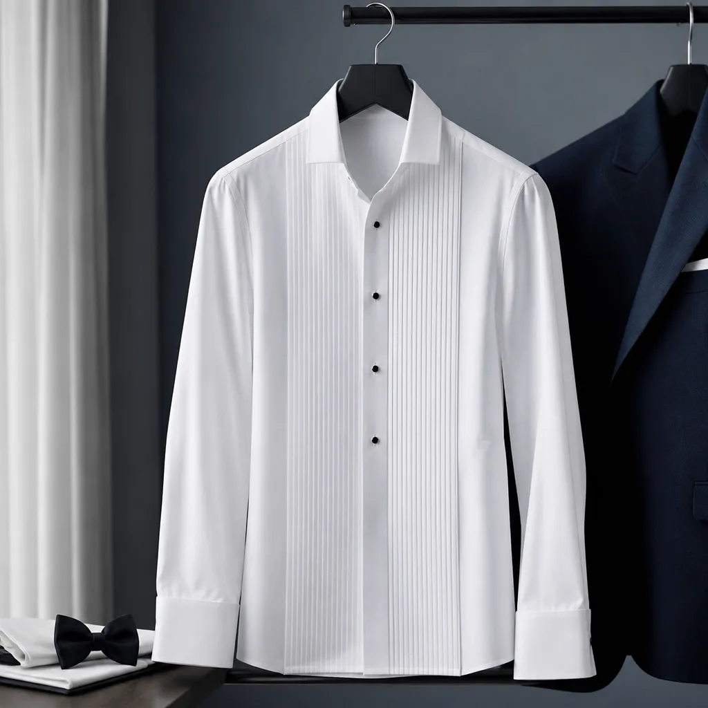 formal white tuxedo shirt on a hanger with subtle front pleats, studio lighting