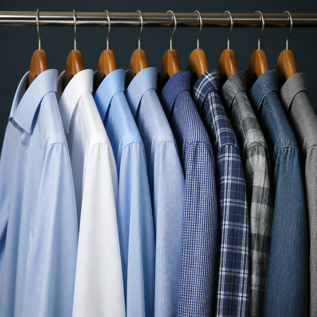 Row of different men's shirts on wooden hangers, business and casual styles side by side