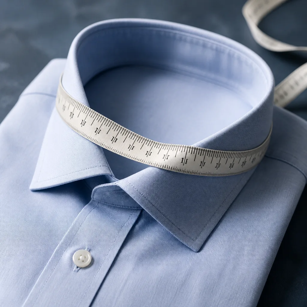 close-up of a folded dress shirt collar with a soft tailor tape measure laid across it