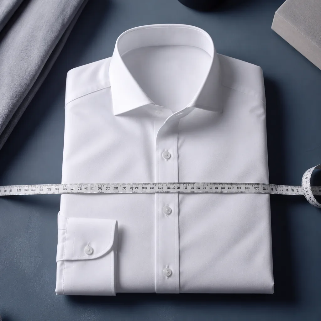 flat lay of a folded white dress shirt with a measuring tape stretched across the chest area