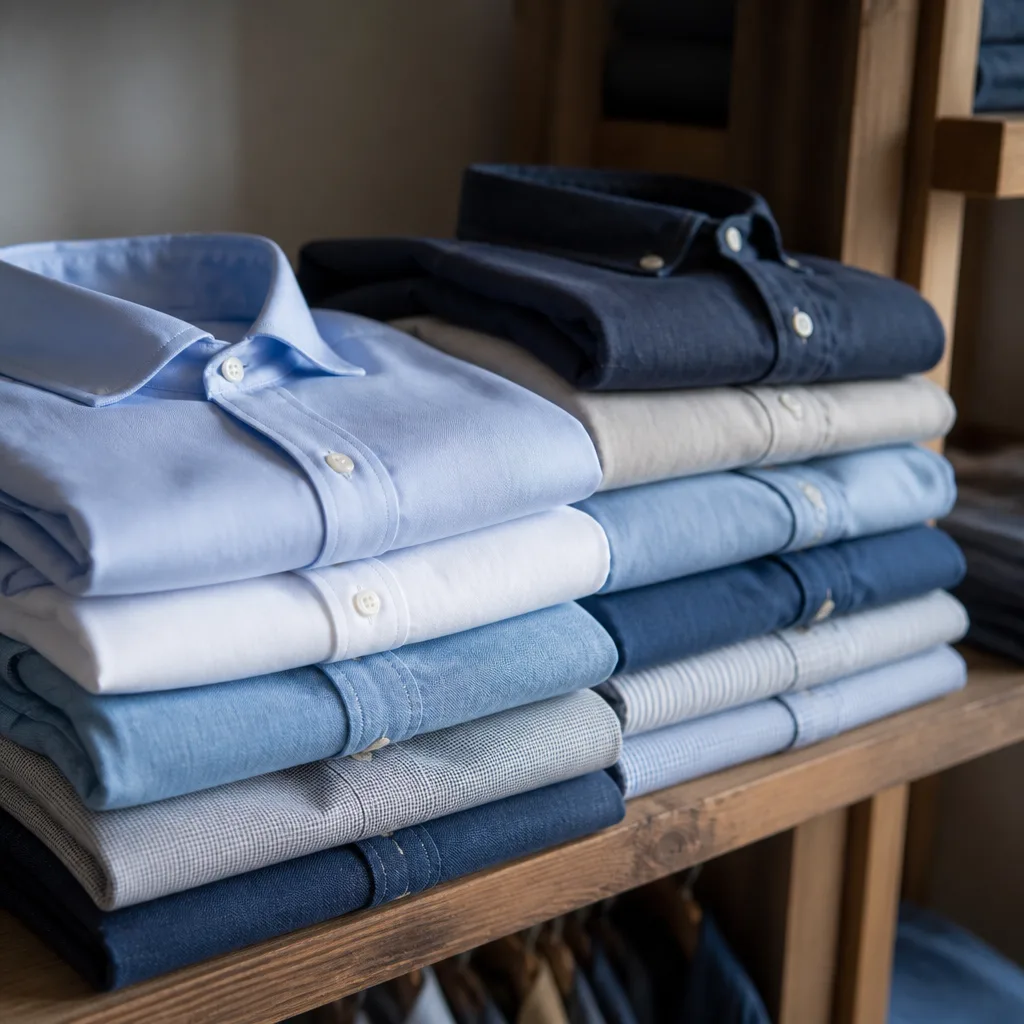 Folded dress shirts and casual shirts stacked neatly on a wooden shelf, soft daylight