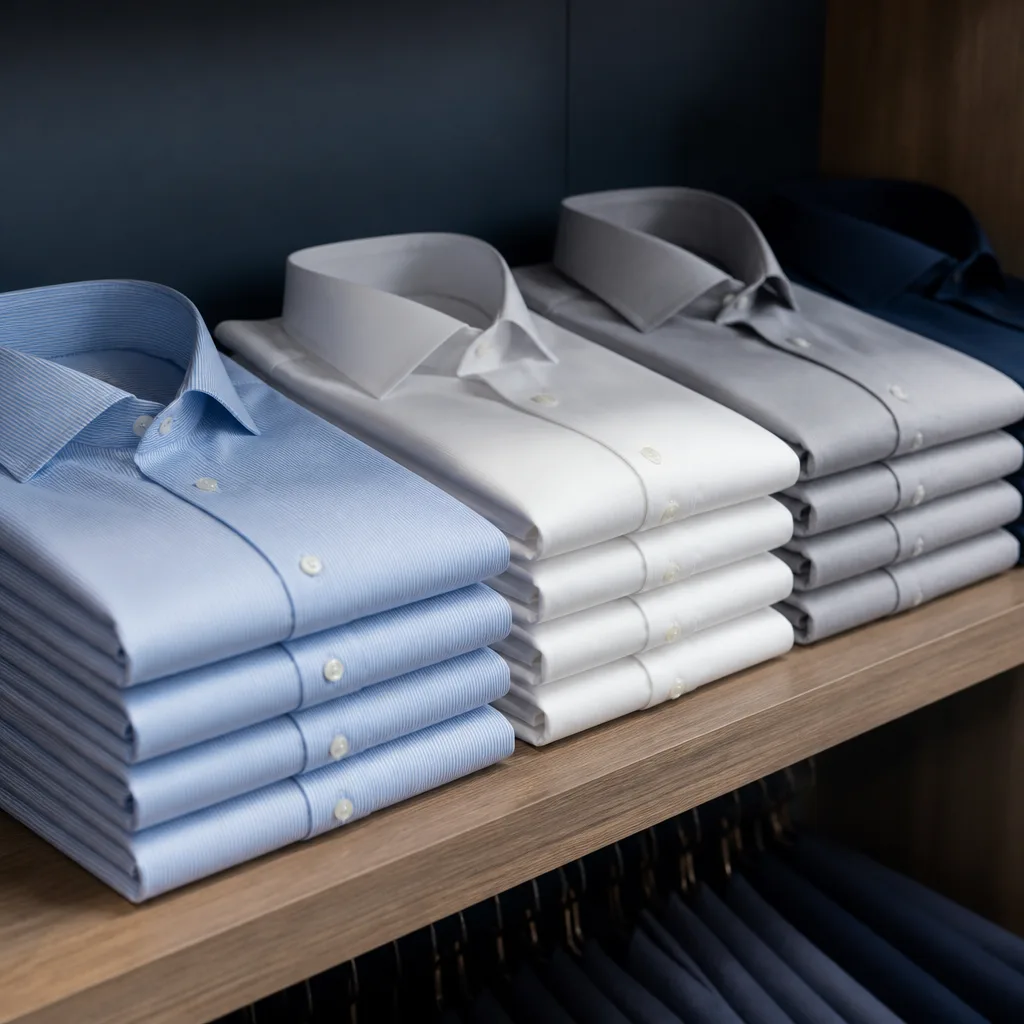 Row of neatly folded dress shirts in different colors stacked on a wooden shelf