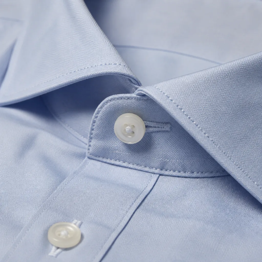 Close-up of a shirt collar seam and mother of pearl buttons showing stitching detail