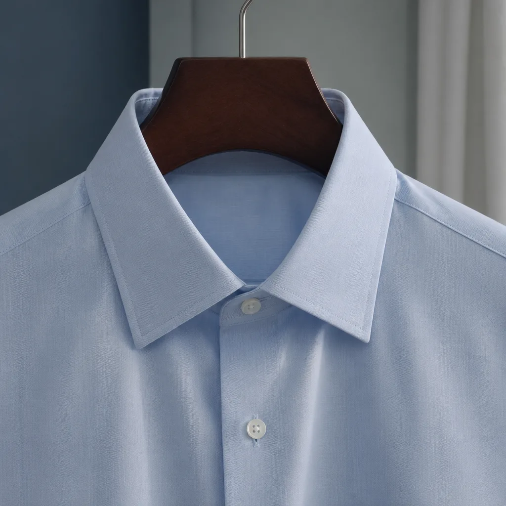 close-up of a classic kent collar dress shirt on a wooden hanger, front view