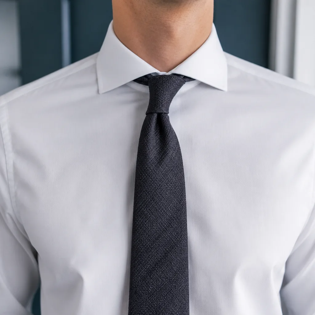 man wearing a white dress shirt with a wide cutaway collar and tie, face not visible, torso only
