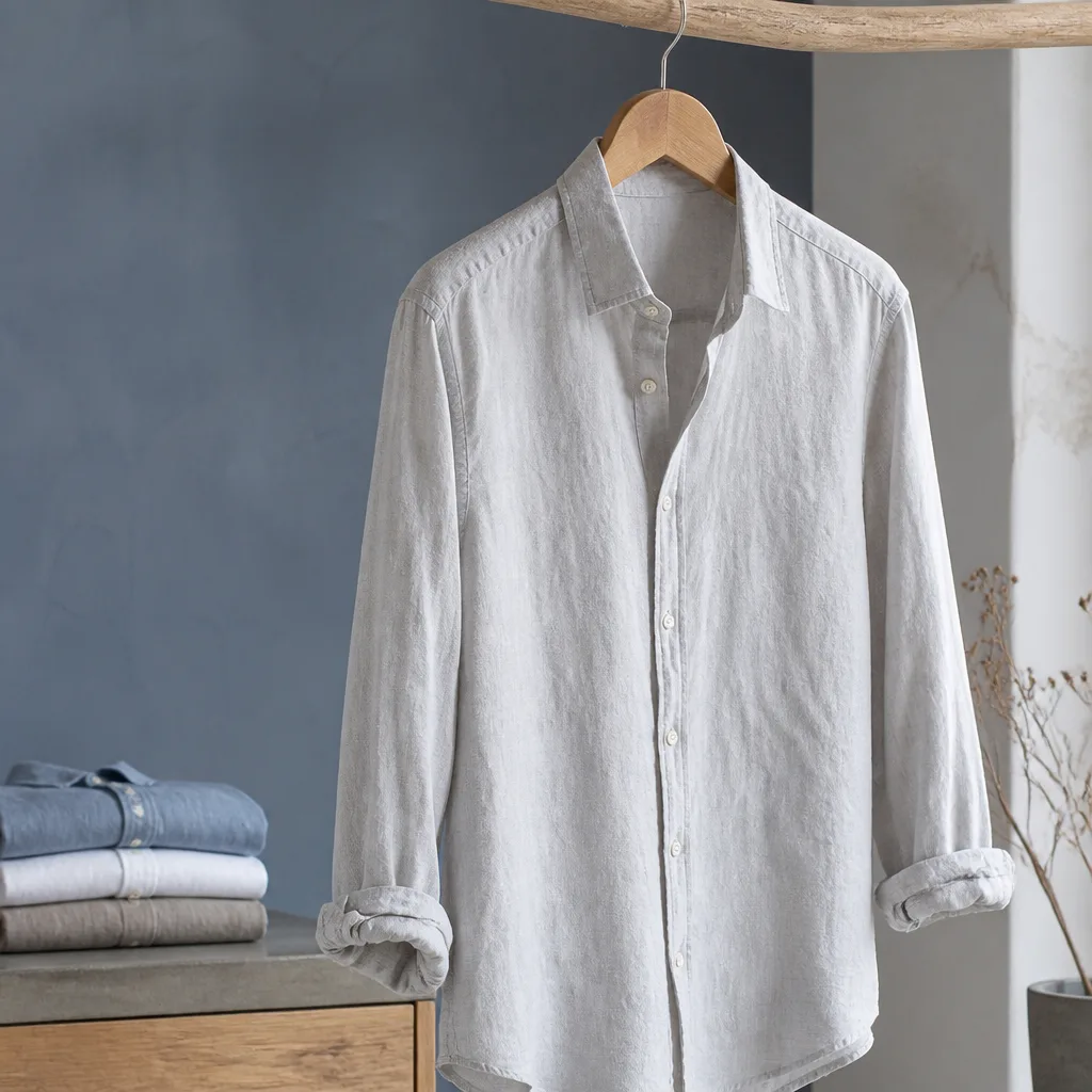 linen shirt with visible natural wrinkles hanging on a wooden hanger