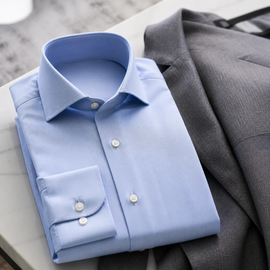 flat lay of a light blue business shirt folded next to a grey wool suit jacket, studio lighting