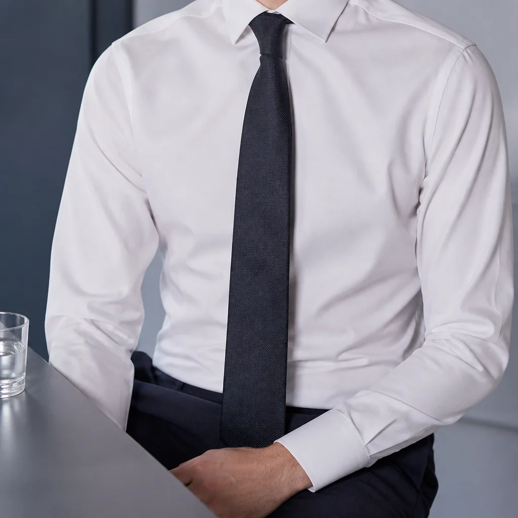 worn white dress shirt with tie visible from chest down, no face, indoor studio background
