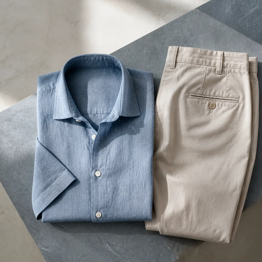 flat lay of a short sleeve linen shirt folded next to light beige chino trousers