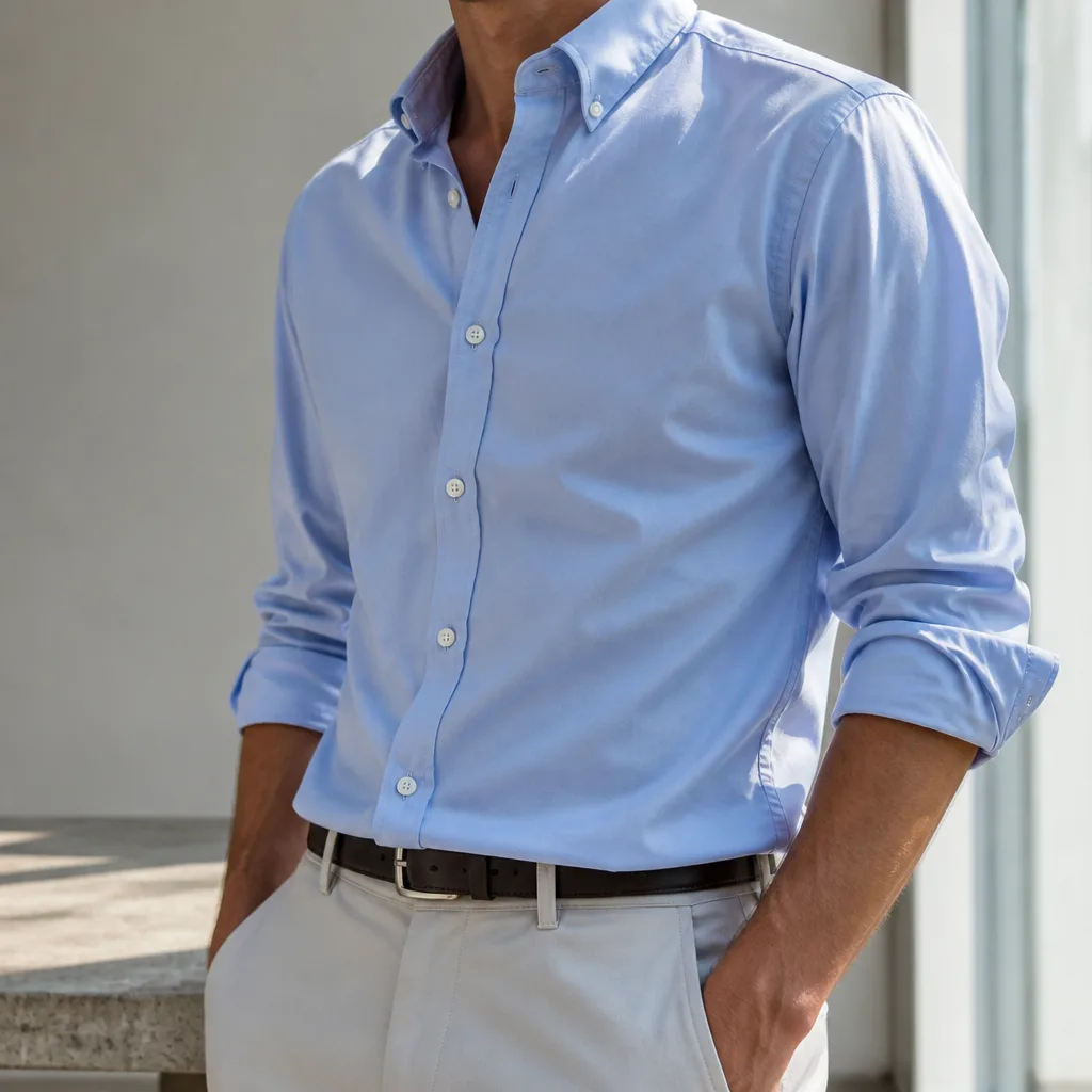 worn poplin shirt with rolled sleeves, torso visible, no face, bright summer daylight