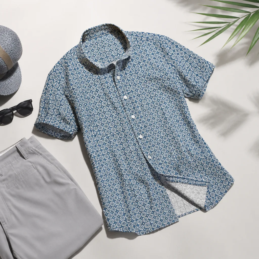 flat lay of a patterned short sleeve shirt on a light surface, vacation styling, no logos