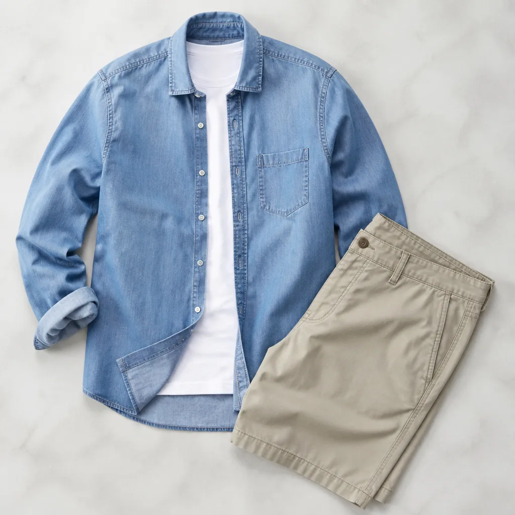 flat lay of a chambray shirt next to beige shorts on a light background