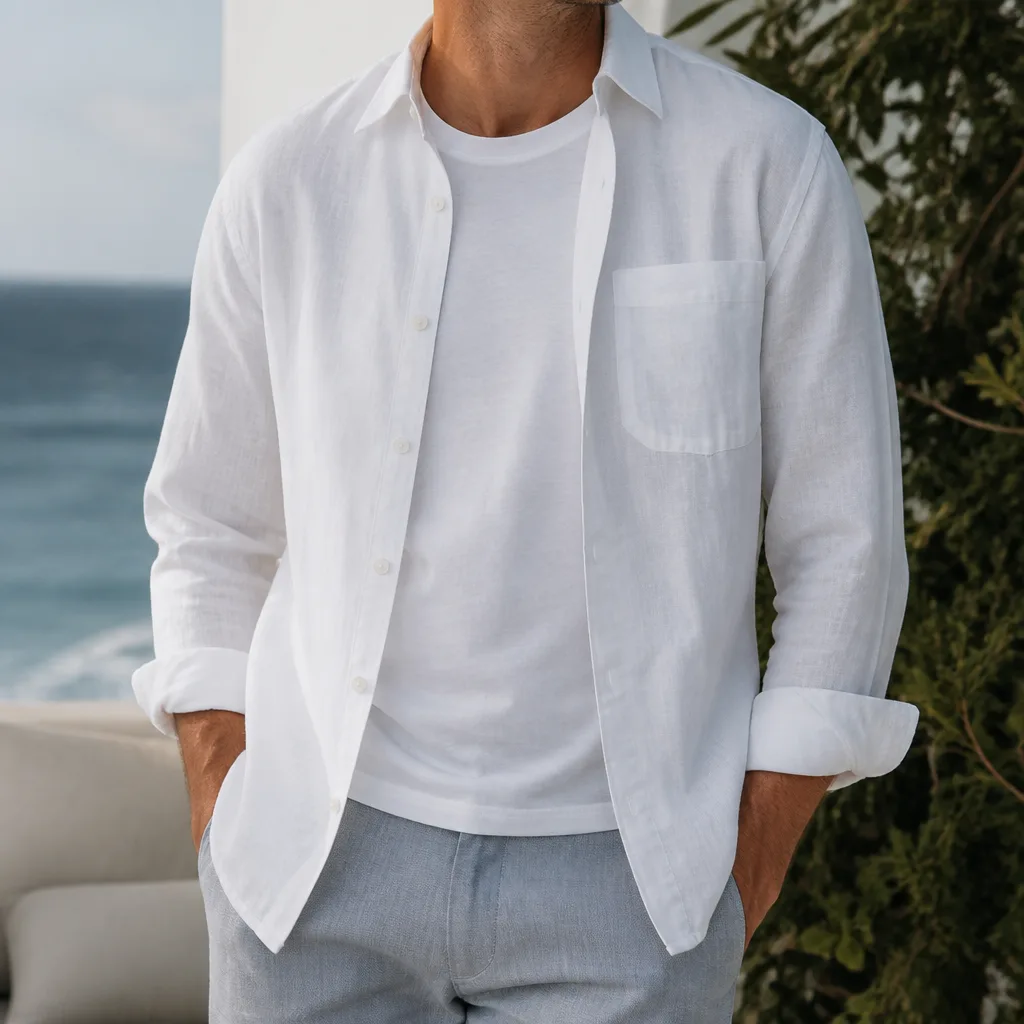 worn white linen shirt open over a plain t-shirt, torso only, no face, beach or garden setting