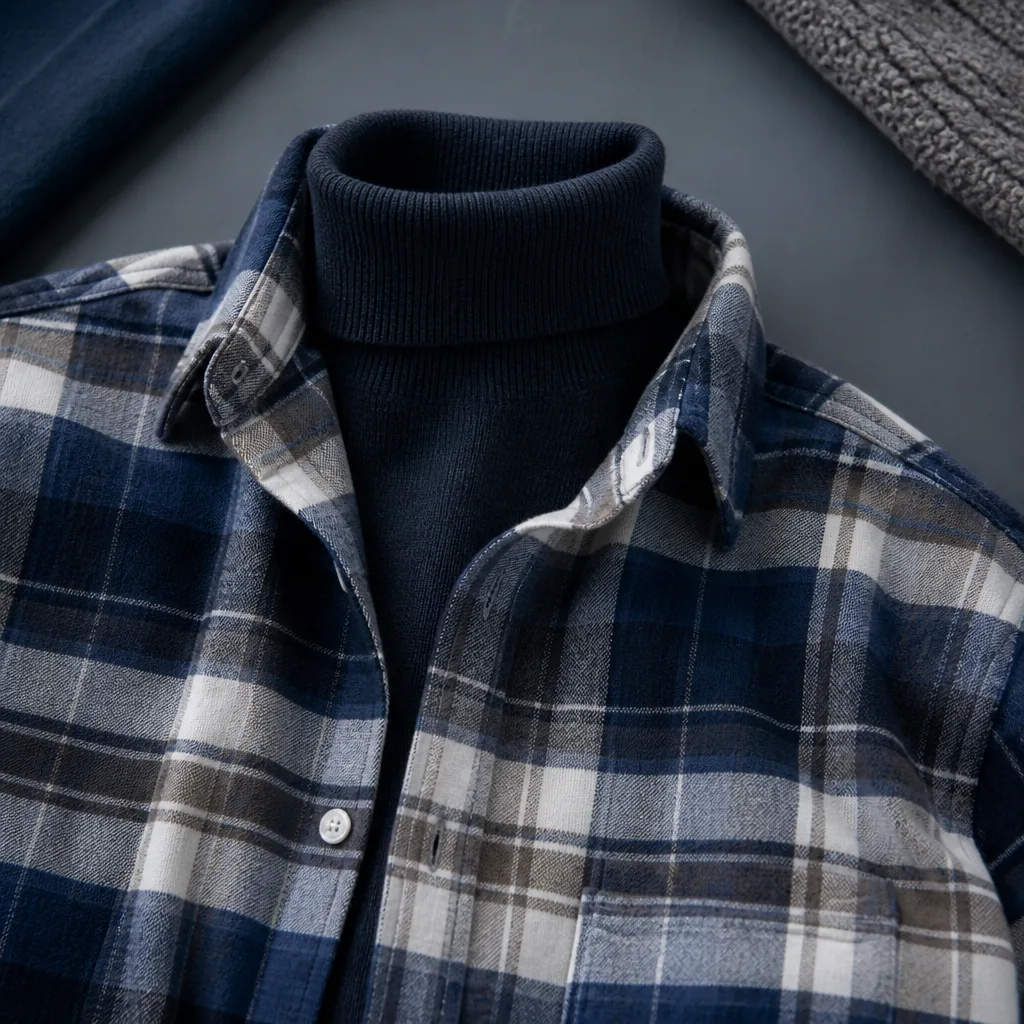 flat lay of a flannel shirt layered near a dark turtleneck sweater, cool toned lighting