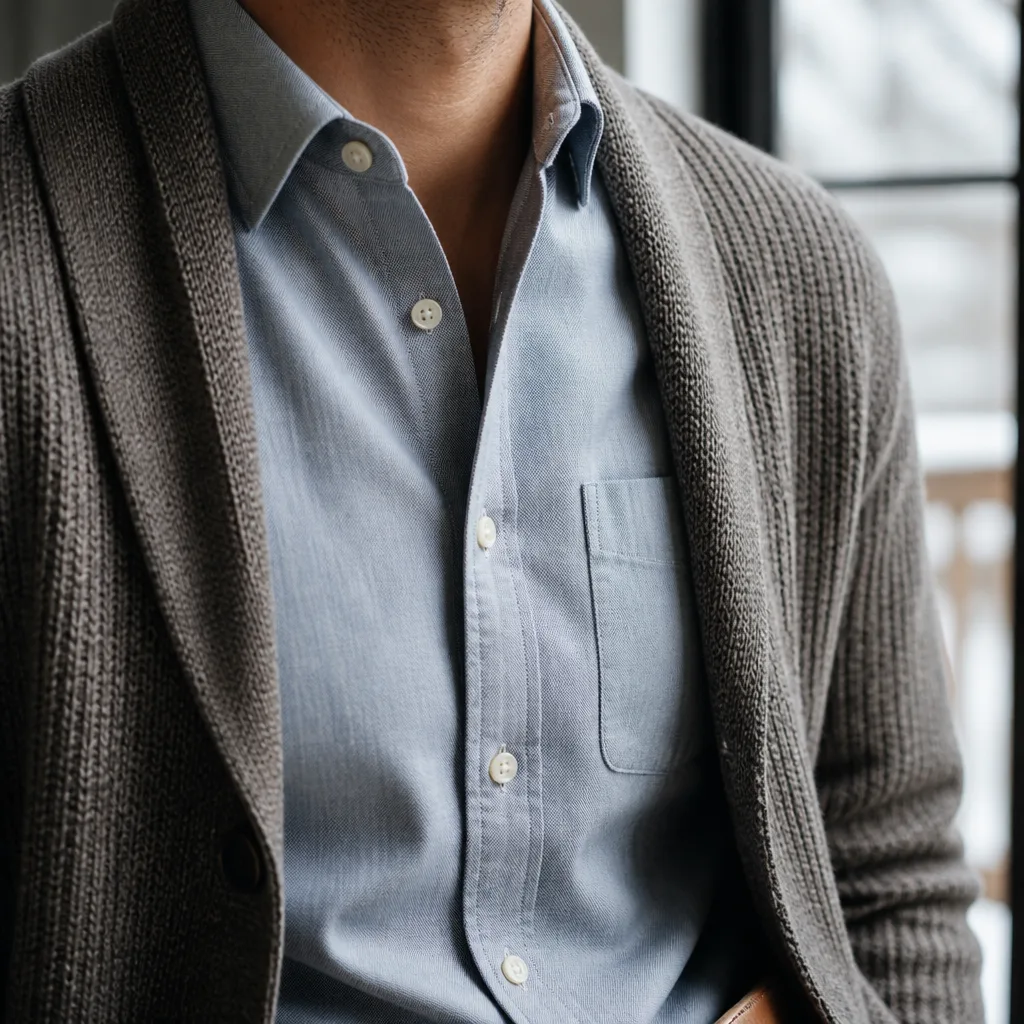worn twill shirt visible under an open cardigan, torso only, no face, indoor winter light