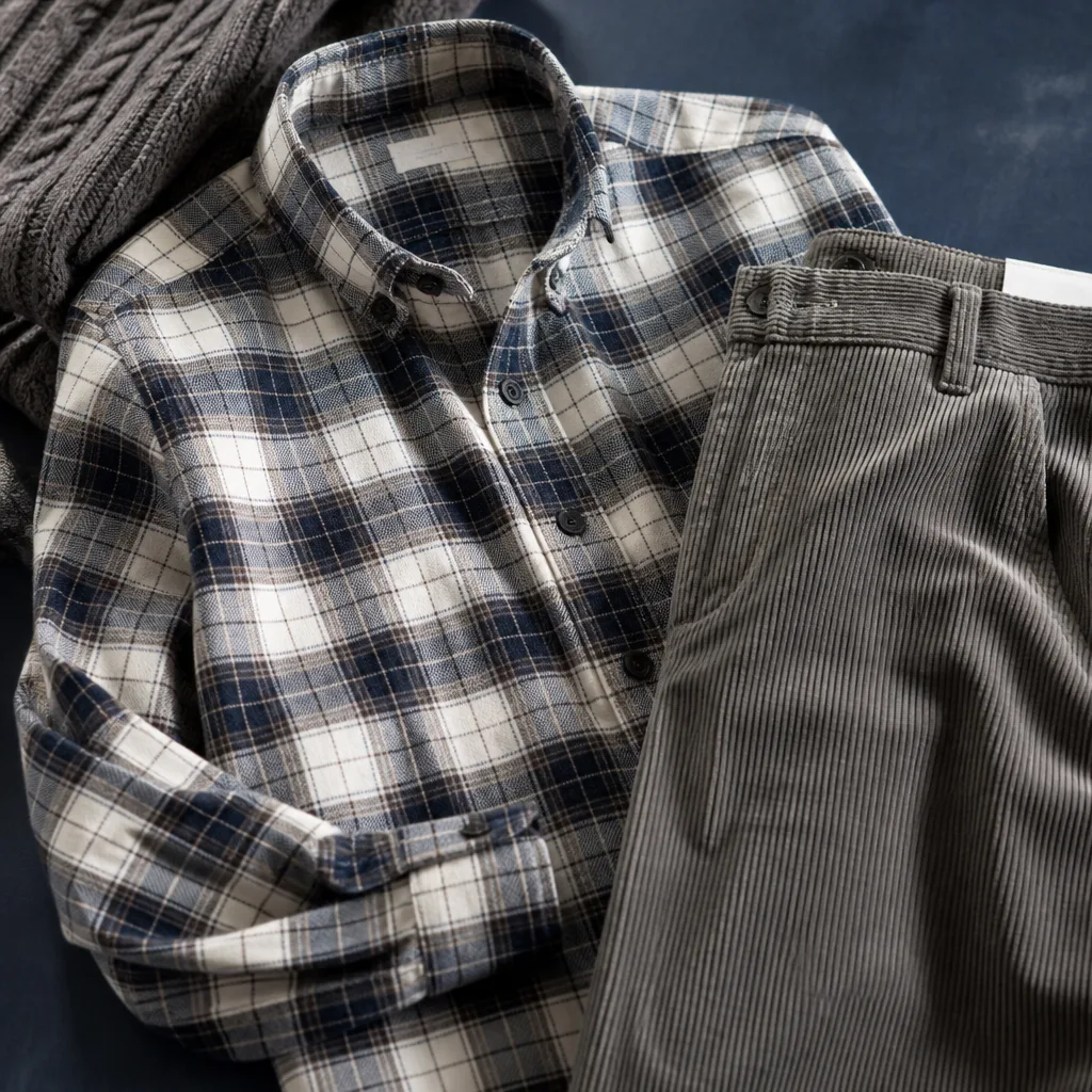 flat lay of a heavier plaid shirt next to corduroy trousers, warm winter styling