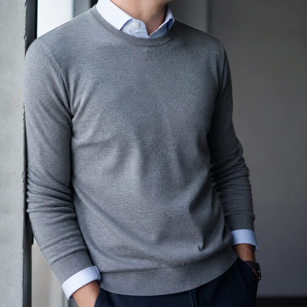 worn long sleeve shirt collar peeking out from under a thin sweater, no face, indoor light