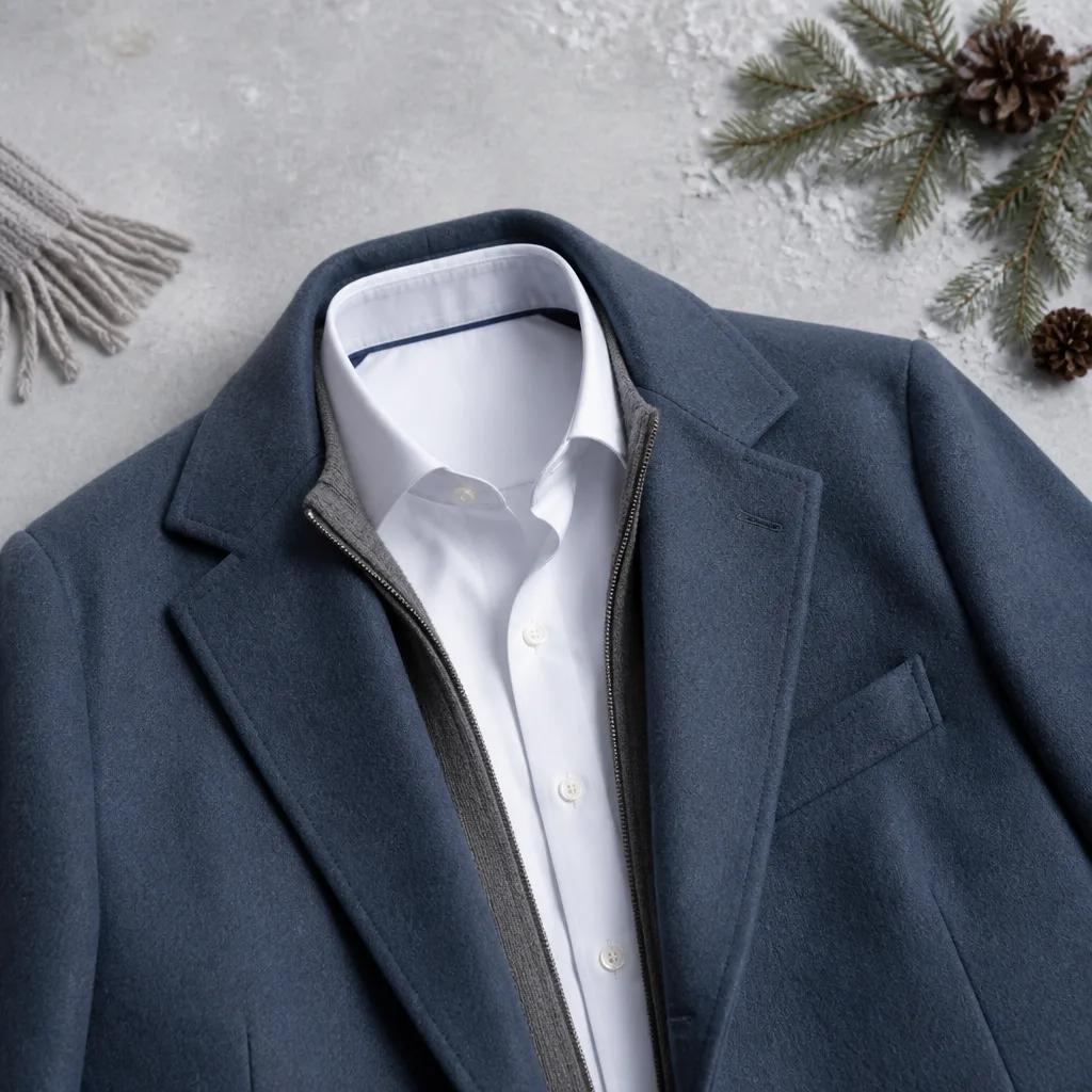 flat lay of a shirt paired with a wool coat on a neutral winter background