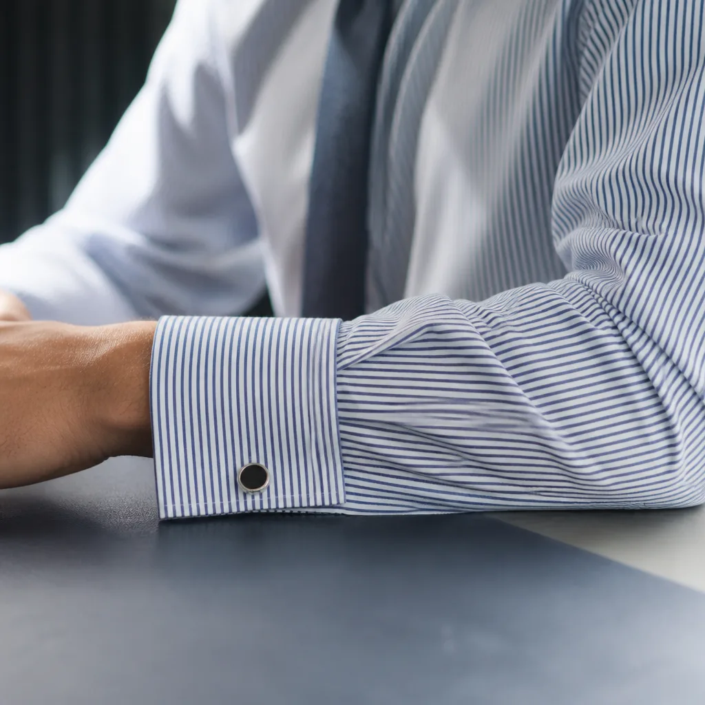 close-up of a fine striped dress shirt cuff with cufflinks, worn, no face, office lighting