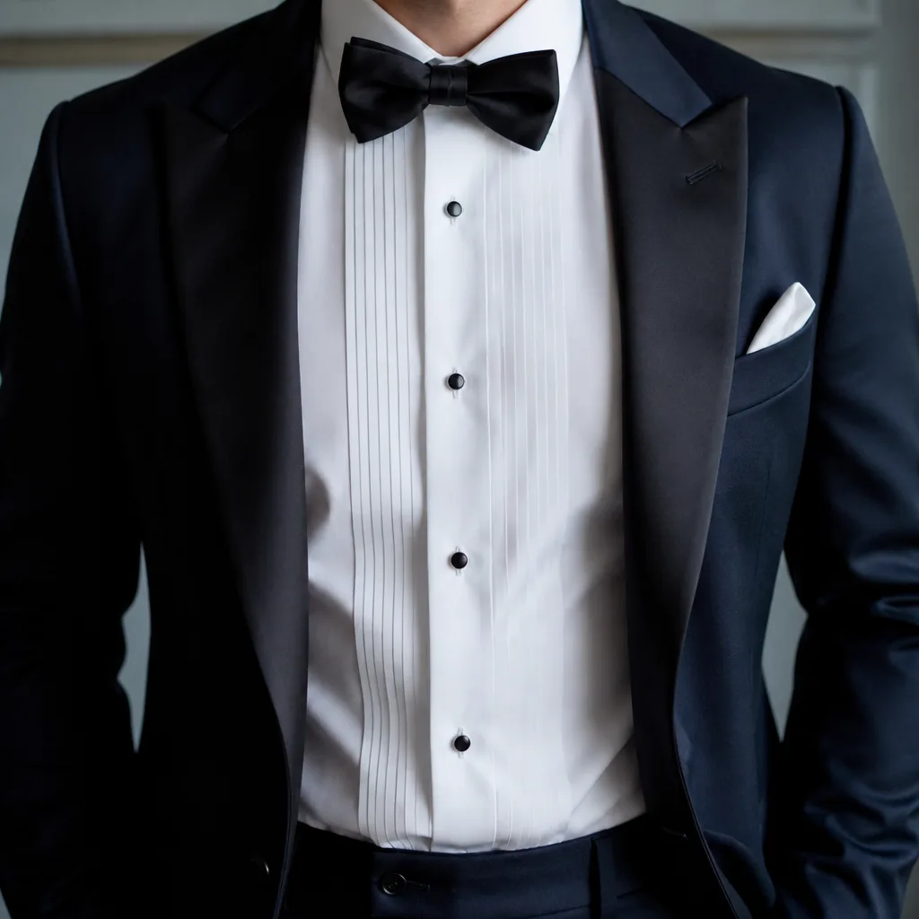 worn white formal shirt under an open tuxedo jacket, torso only, no face, evening event lighting
