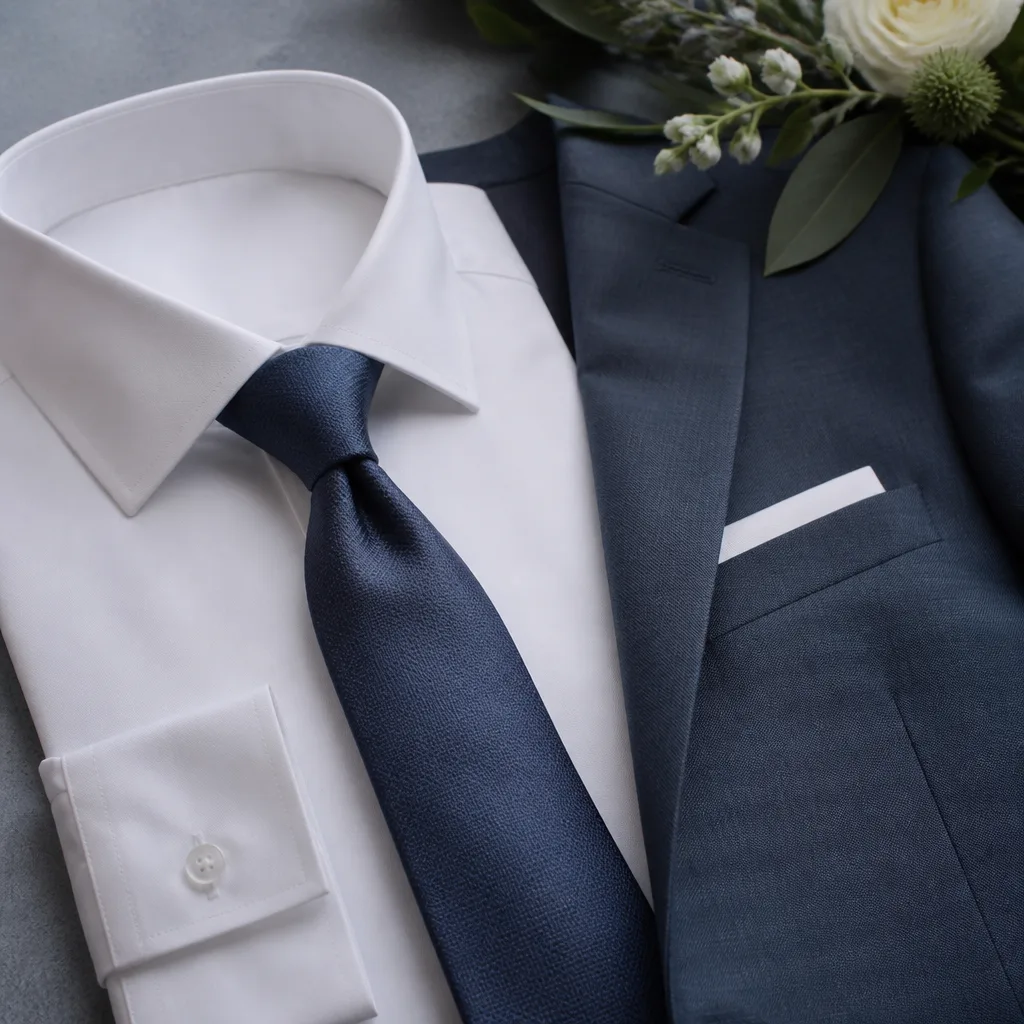 flat lay of a formal shirt with a tie next to a suit jacket, wedding guest styling